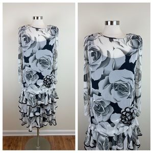 Vintage Pat Richards By Michael Maiello Black White Rose Floral Dress Size 16
